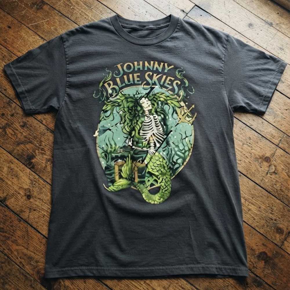 Johnny Blue Skies Skeleton Mermaid Ocean T-Shirt